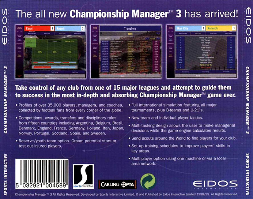 Championship Manager 3 - zadn CD obal