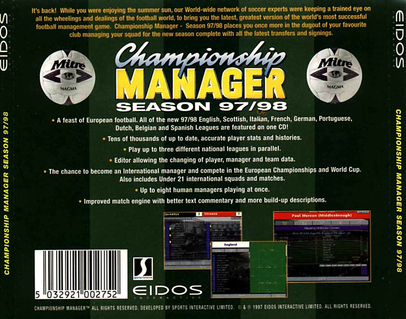 Championship Manager Season 97/98 - zadn CD obal