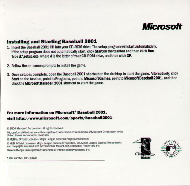 Microsoft Baseball 2001 - zadn CD obal