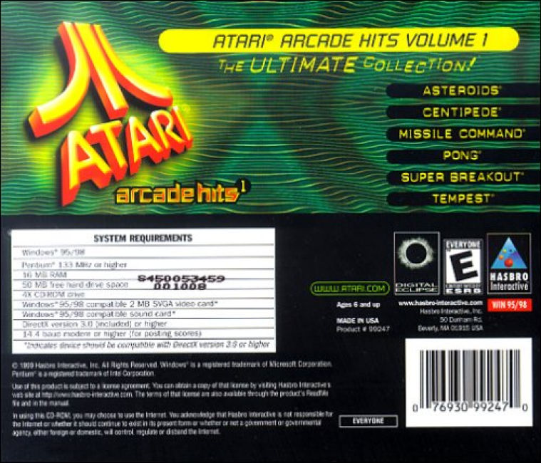 Atari Arcade Hits 1 - zadn CD obal
