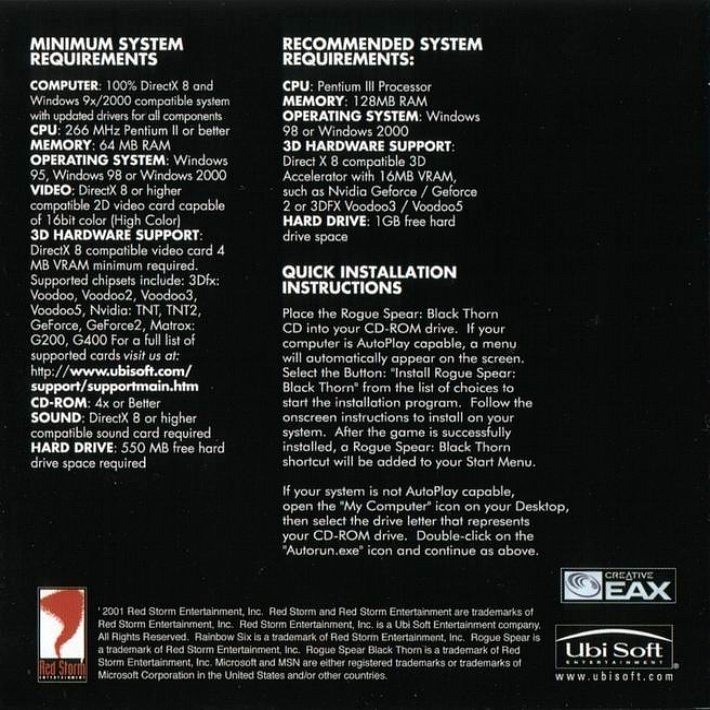 Rainbow Six: Rogue Spear Black Thorn - predn vntorn CD obal