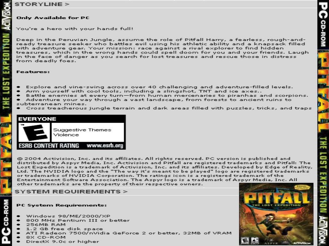 Pitfall: The Lost Expedition - zadn CD obal