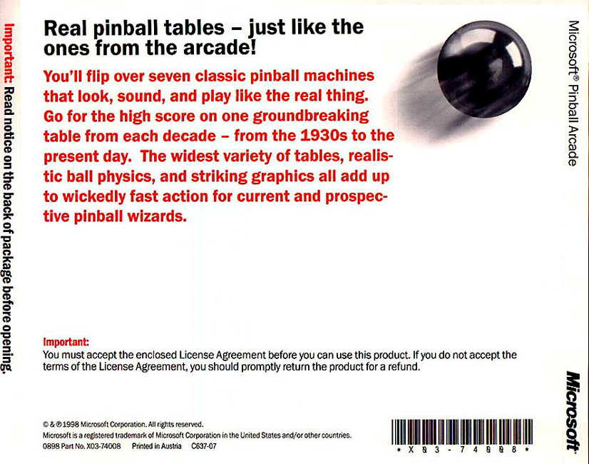 Microsoft Pinball Arcade - zadn CD obal