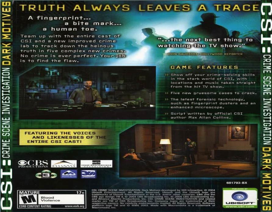 CSI: Dark Motives - zadn CD obal