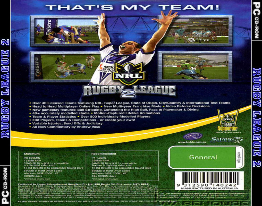 Rugby League 2 - zadn CD obal